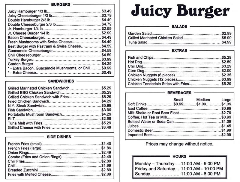 "Juicy Burger" take-out menu foods.