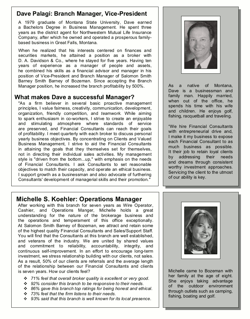 Page 3 of the Branch Brochure for Smith Barney Shearson, Inc. in Bozeman, Montana.